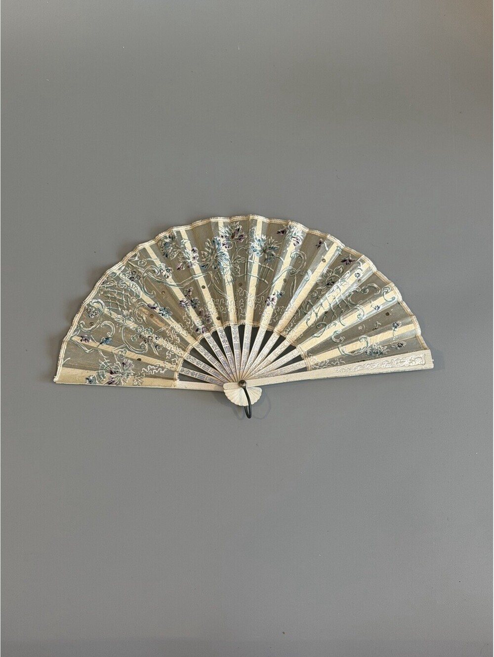 Antique Victorian Handpainted Paper/ Wood Fan Blue And Cream